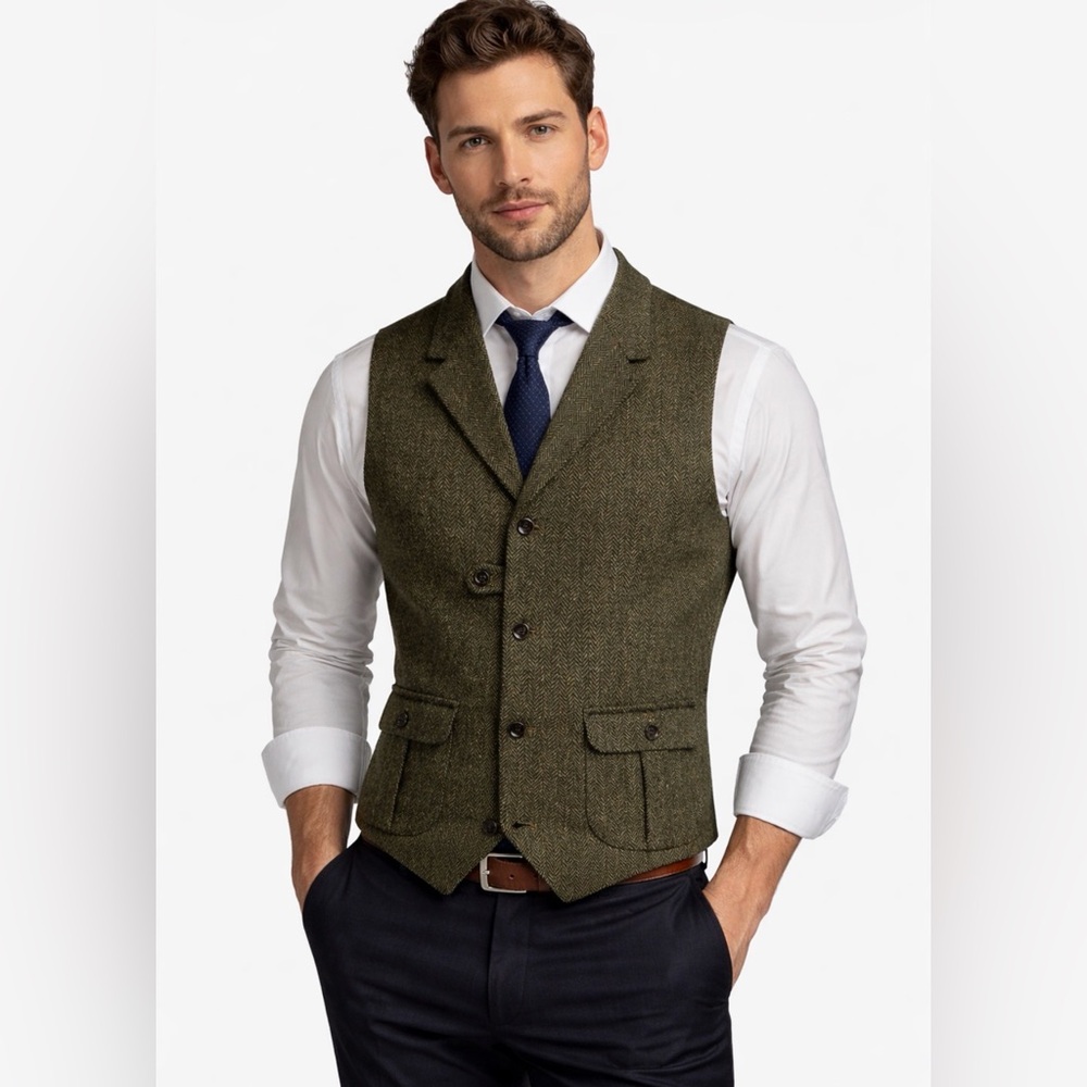 PJ Paul Jones Olive Herringbone Wool Vest - Classic Men's Waistcoat